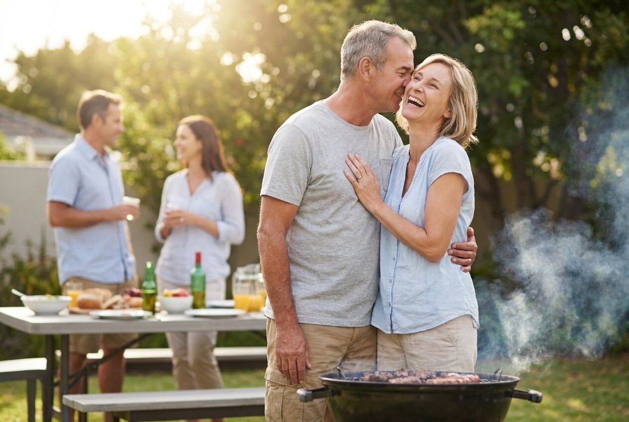 A mature married couple flirting at a backyard cookout with friends
