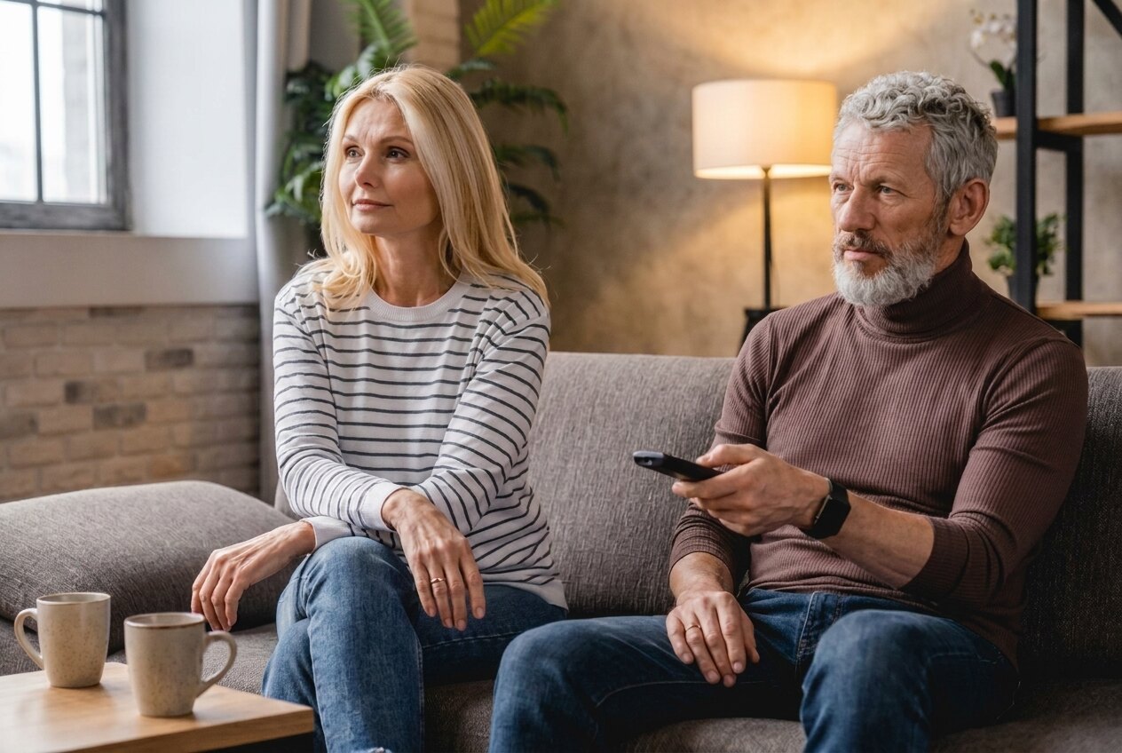 A long-married couple sitting quietly apart at home