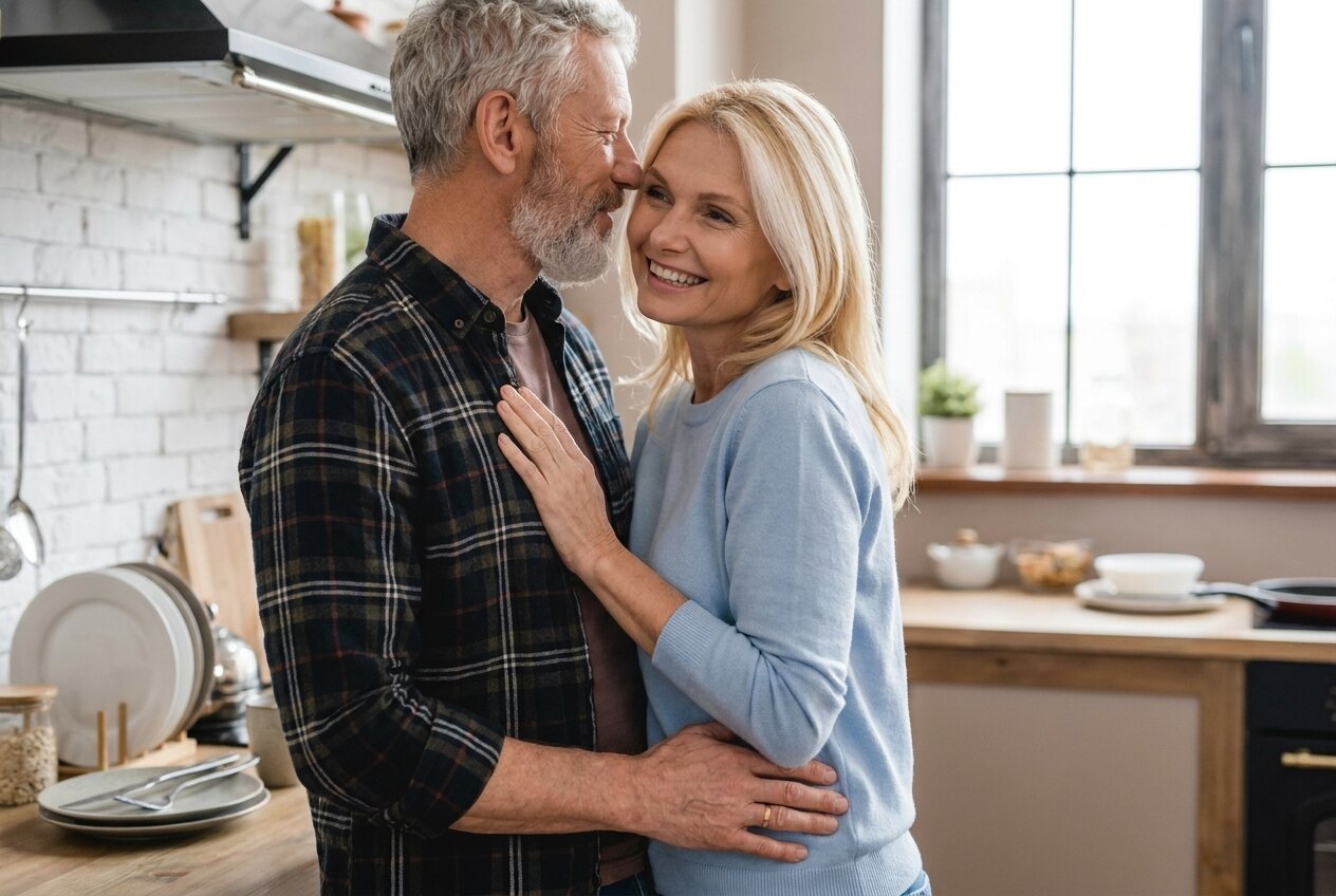 The couple sharing a spontaneous affectionate moment in their kitchen